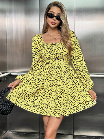 Yellow Polka Dot Print Puff Sleeve Belted Mini Dress