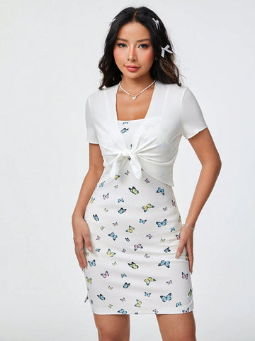 2pcs/Set V-Neck Short Sleeve Top With Self-Tie Twisted Front + Butterfly Printed Spaghetti Strap Dress