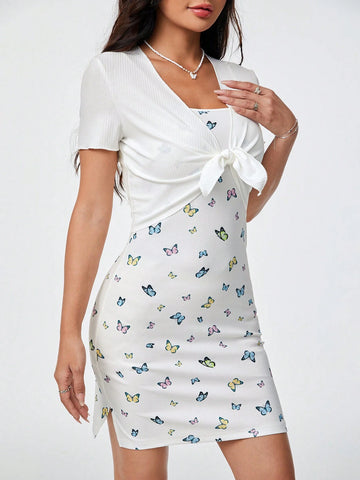 2pcs/Set V-Neck Short Sleeve Top With Self-Tie Twisted Front + Butterfly Printed Spaghetti Strap Dress