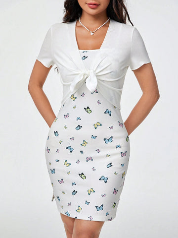 2pcs/Set V-Neck Short Sleeve Top With Self-Tie Twisted Front + Butterfly Printed Spaghetti Strap Dress