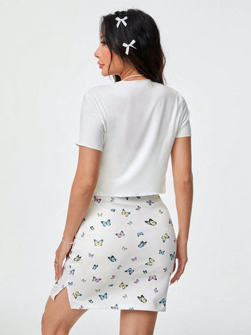 2pcs/Set V-Neck Short Sleeve Top With Self-Tie Twisted Front + Butterfly Printed Spaghetti Strap Dress