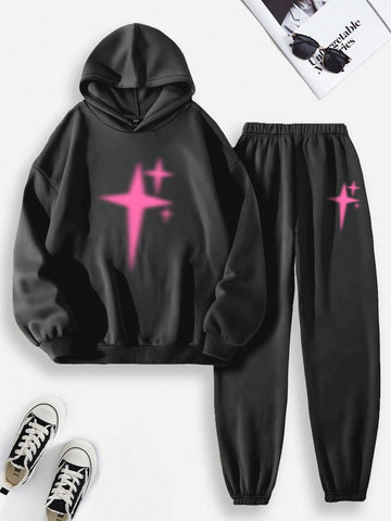 2pcs/Set Women'S Star Pattern Sweatshirt And Sweatpants Set