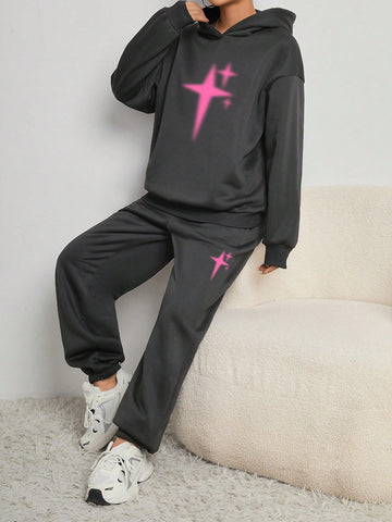 2pcs/Set Women'S Star Pattern Sweatshirt And Sweatpants Set