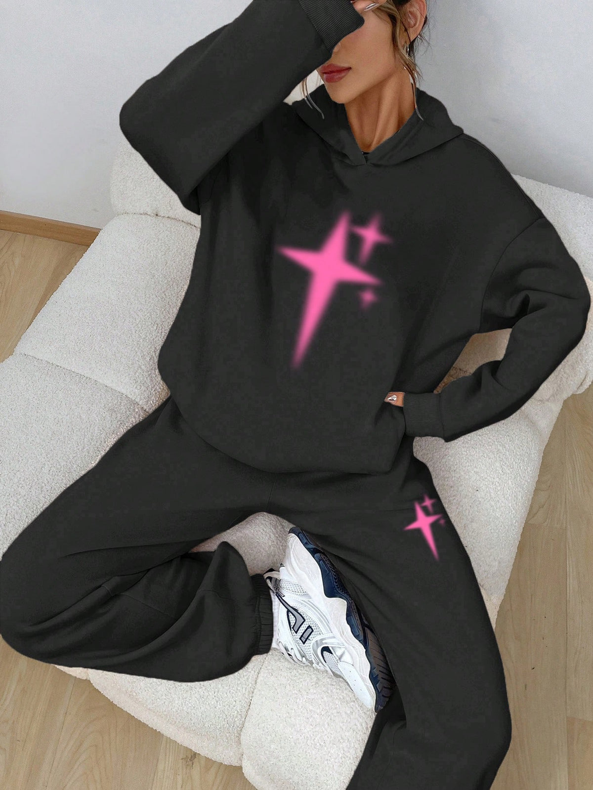 2pcs/Set Women'S Star Pattern Sweatshirt And Sweatpants Set