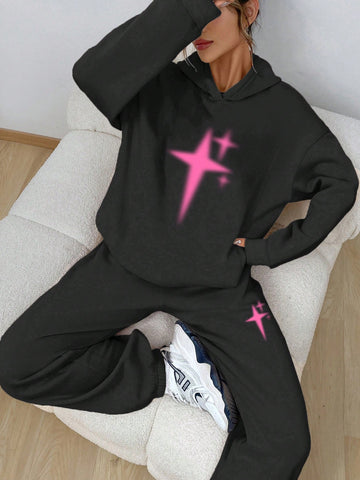 2pcs/Set Women'S Star Pattern Sweatshirt And Sweatpants Set
