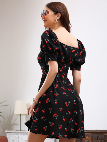 Allover Cherry Sweetheart Neck Dress