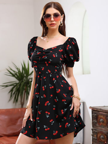 Allover Cherry Sweetheart Neck Dress