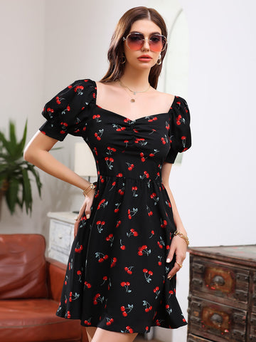 Allover Cherry Sweetheart Neck Dress