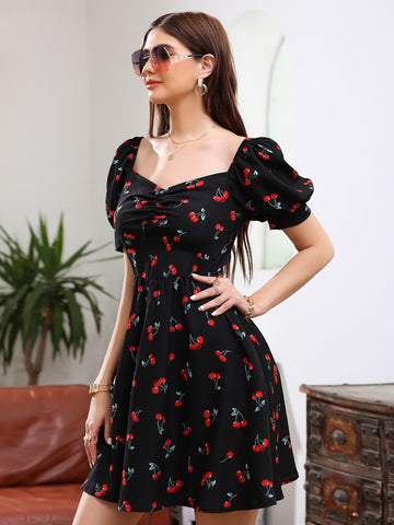 Allover Cherry Sweetheart Neck Dress