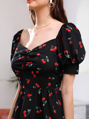 Allover Cherry Sweetheart Neck Dress