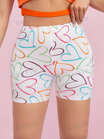 Qutie Allover Heart Print Biker Shorts