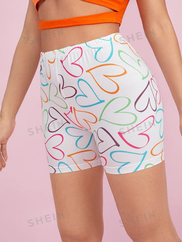 Qutie Allover Heart Print Biker Shorts