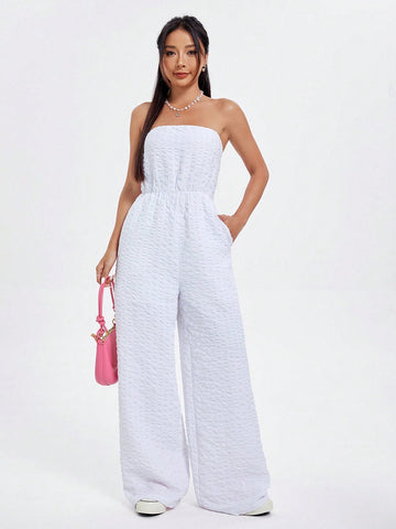 Bustier Waist Cinched Pleated Jacquard Jumpsuit