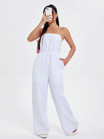 Bustier Waist Cinched Pleated Jacquard Jumpsuit