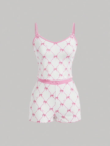 Butterfly Printed Bowknot Crop Top Camisole And Shorts Set