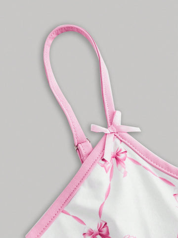 Butterfly Printed Bowknot Crop Top Camisole And Shorts Set