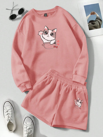 Cartoon Print Round Neck Sweatshirt And Shorts Casual 2pcs/Set