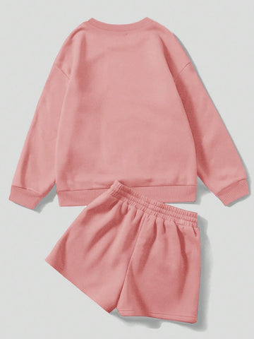 Cartoon Print Round Neck Sweatshirt And Shorts Casual 2pcs/Set