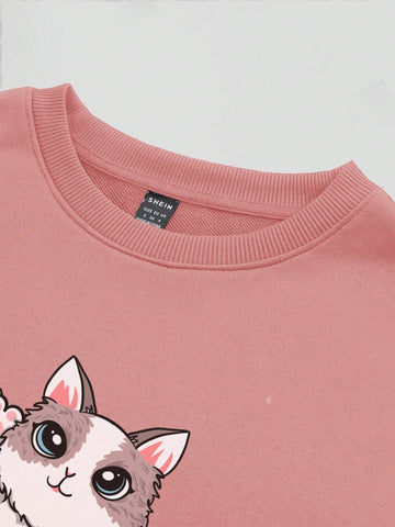 Cartoon Print Round Neck Sweatshirt And Shorts Casual 2pcs/Set