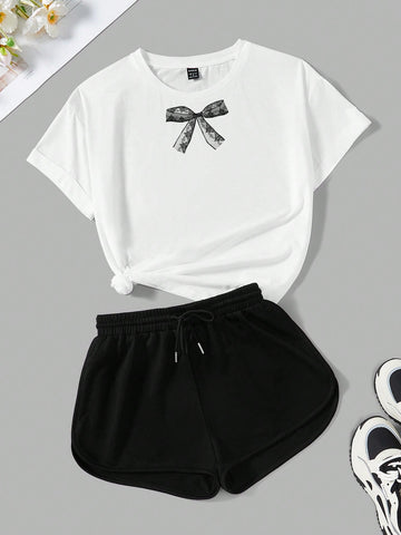 Casual Simple Bowknot Pattern Round Neck Short Sleeve Top With Shorts Two Piece Set