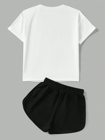 Casual Simple Bowknot Pattern Round Neck Short Sleeve Top With Shorts Two Piece Set