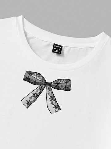 Casual Simple Bowknot Pattern Round Neck Short Sleeve Top With Shorts Two Piece Set