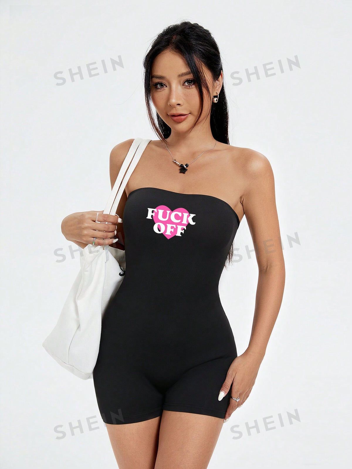 Casual Simple Heart Pattern Sleeveless Short Jumpsuit With Bandeau Top For Women