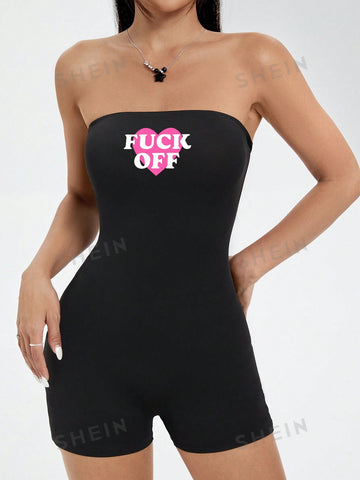 Casual Simple Heart Pattern Sleeveless Short Jumpsuit With Bandeau Top For Women