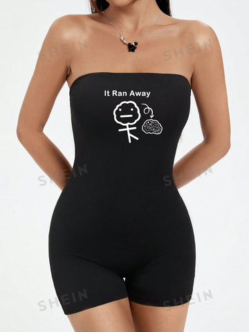 Casual Simple Letter & Cartoon Print Short Tube Strapless Skinny Jumpsuits