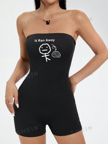 Casual Simple Letter & Cartoon Print Short Tube Strapless Skinny Jumpsuits