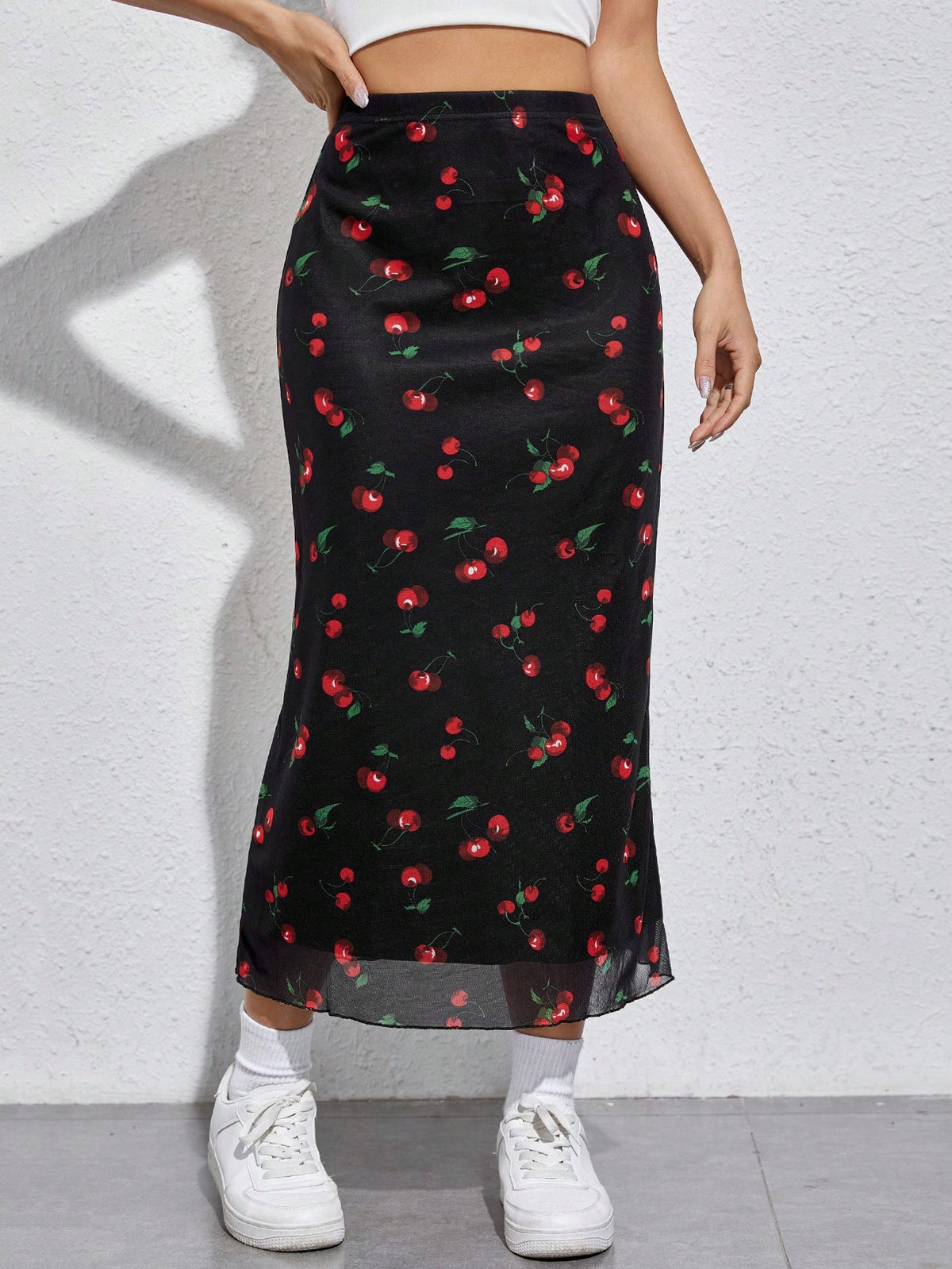 Qutie Cherry Print Mesh Overlay Skirt