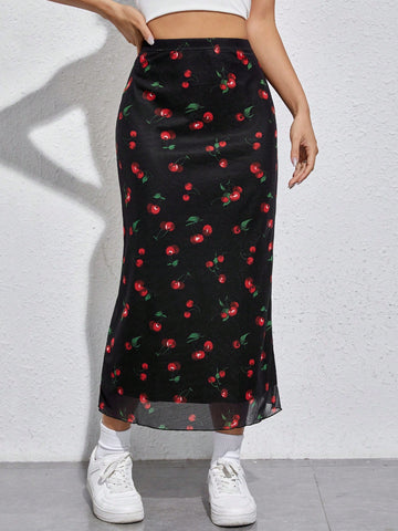 Qutie Cherry Print Mesh Overlay Skirt