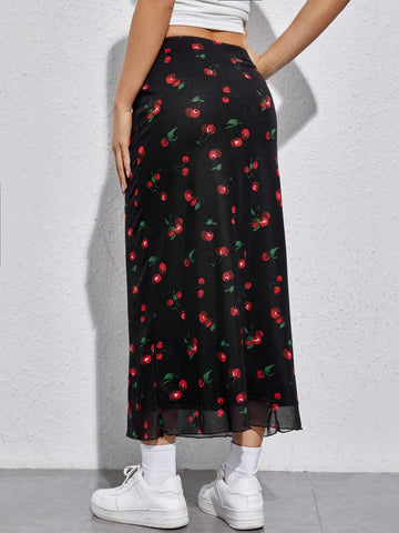 Qutie Cherry Print Mesh Overlay Skirt