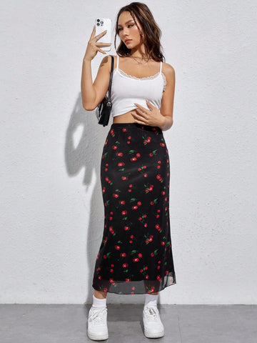 Qutie Cherry Print Mesh Overlay Skirt