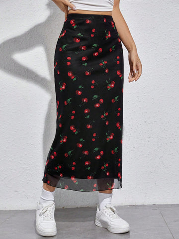 Qutie Cherry Print Mesh Overlay Skirt