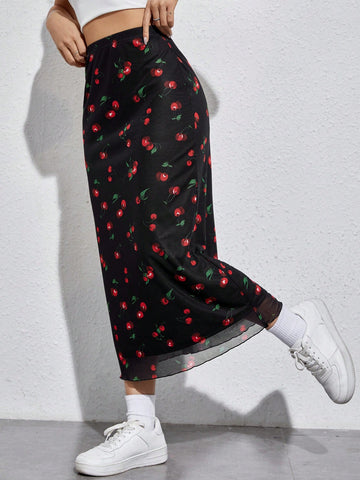Qutie Cherry Print Mesh Overlay Skirt