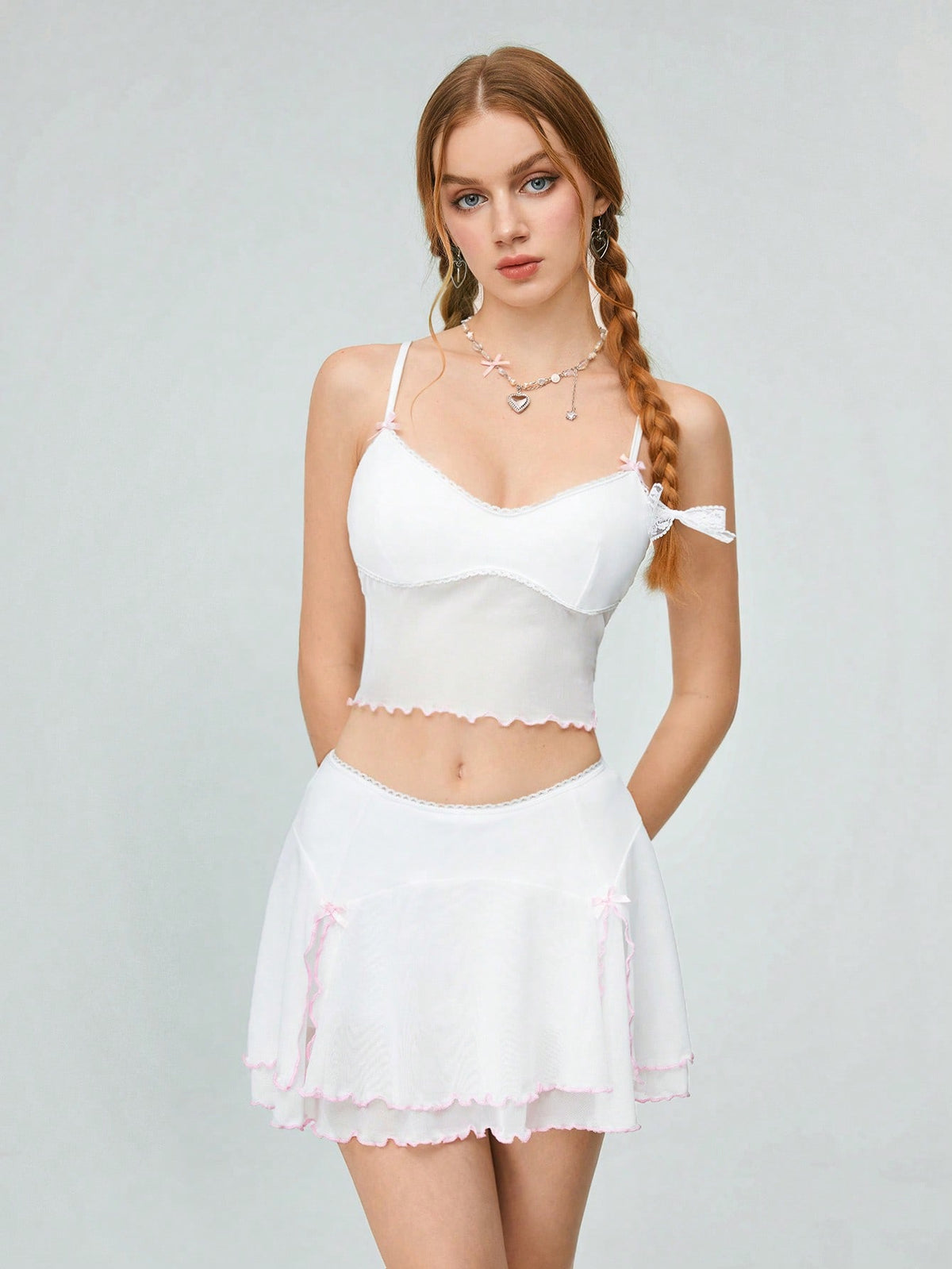 Color Blocked Mesh Edge Spliced Cami Top And Skirt
