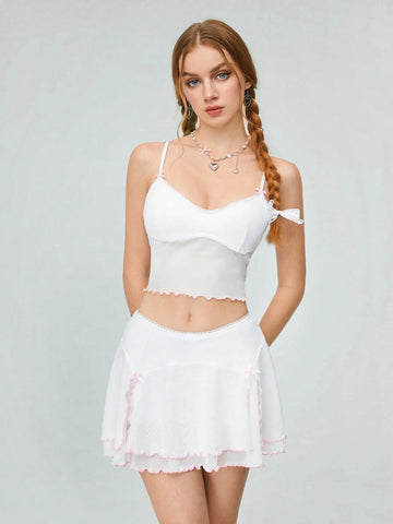 Color Blocked Mesh Edge Spliced Cami Top And Skirt