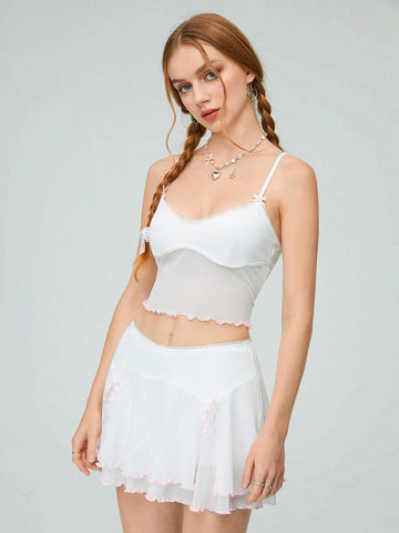 Color Blocked Mesh Edge Spliced Cami Top And Skirt