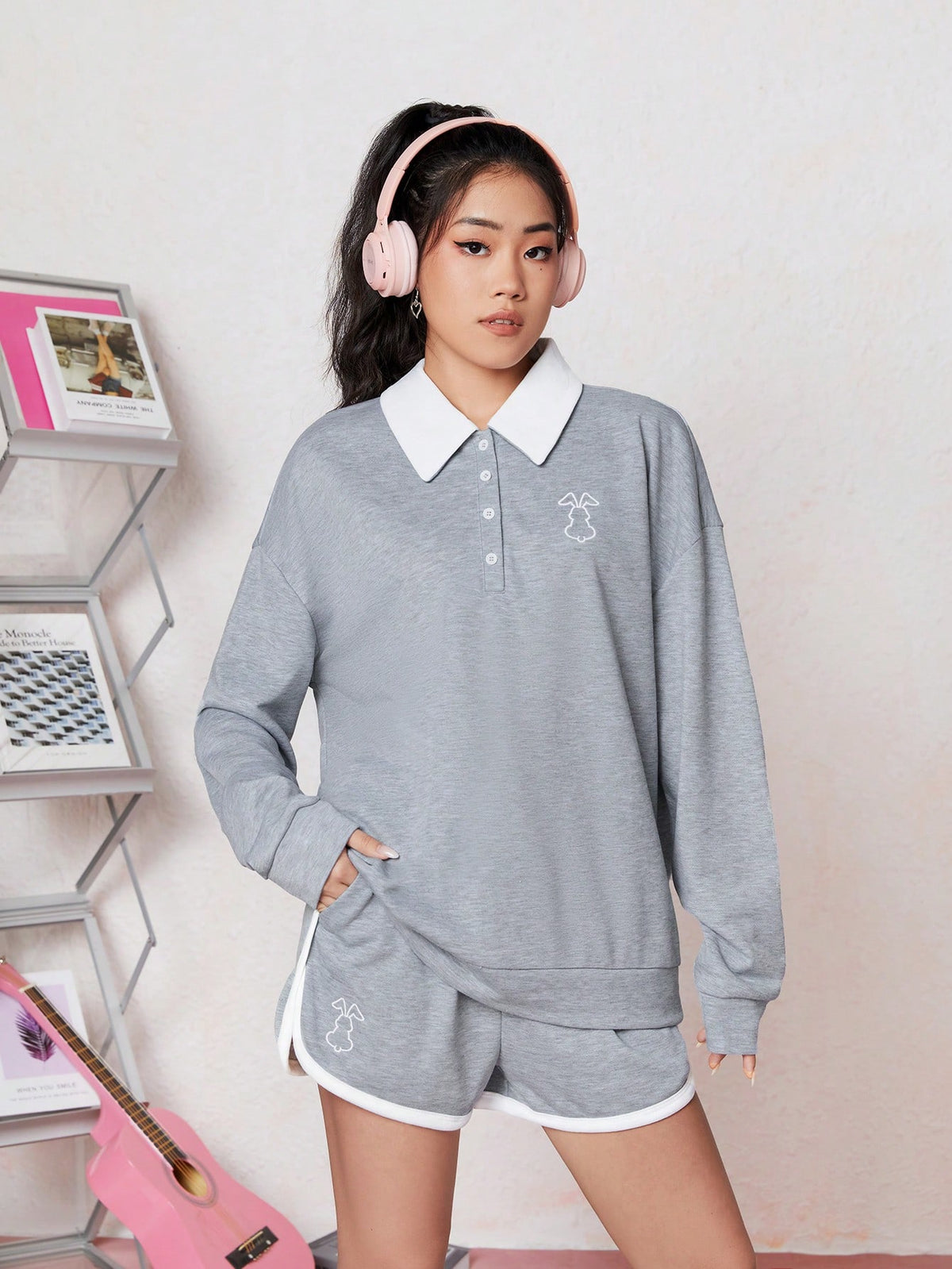 Contrast Polo Collar Long Sleeve Sweatshirt And Shorts Set