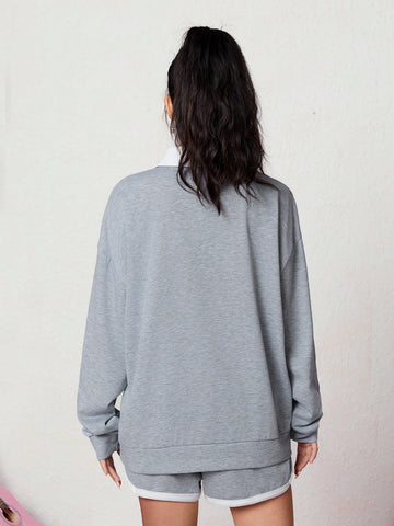 Contrast Polo Collar Long Sleeve Sweatshirt And Shorts Set