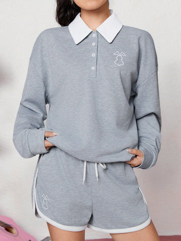 Contrast Polo Collar Long Sleeve Sweatshirt And Shorts Set