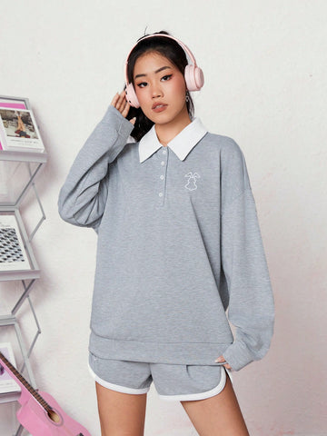 Contrast Polo Collar Long Sleeve Sweatshirt And Shorts Set