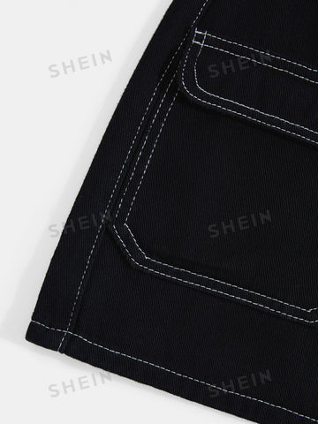 Qutie Contrast Topstitching Flap Pockets Skirt