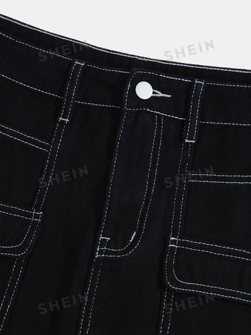 Qutie Contrast Topstitching Flap Pockets Skirt