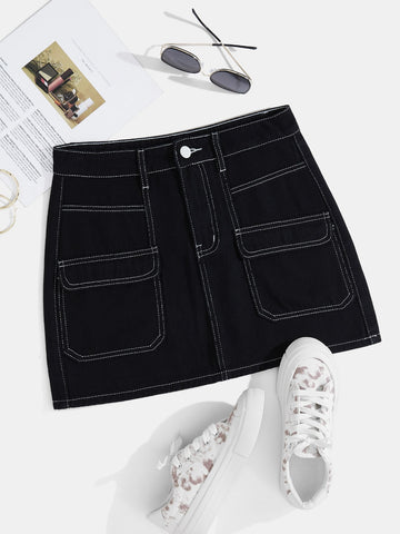 Qutie Contrast Topstitching Flap Pockets Skirt