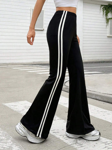 Qutie Contrasting Side Striped Women's Fashion High Waist Stretchy Flared Pants