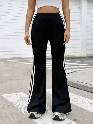 Qutie Contrasting Side Striped Women's Fashion High Waist Stretchy Flared Pants