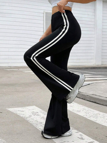 Qutie Contrasting Side Striped Women's Fashion High Waist Stretchy Flared Pants