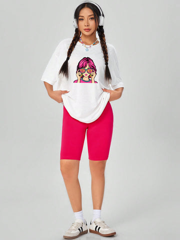 Cute And Personalized Portrait Print Round Neck Short Sleeve T-Shirt And Loose Shorts Women's Summer Two-Piece Set